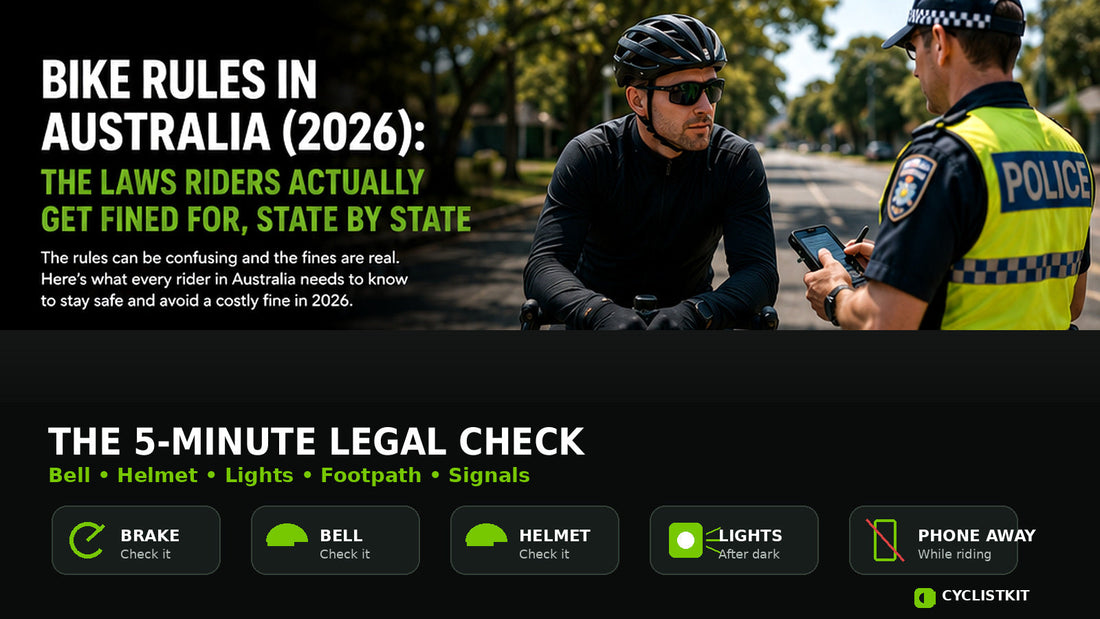 Bike rules in Australia 2026 guide showing a cyclist and the five-minute legal check