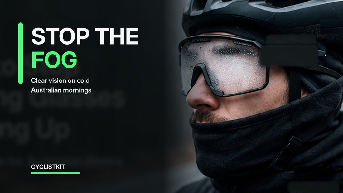 Cyclist wearing fogged cycling glasses on a cold Australian winter morning