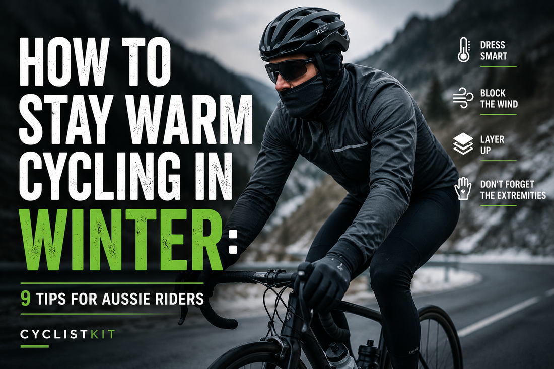 Cyclist riding in cold winter weather in Australia