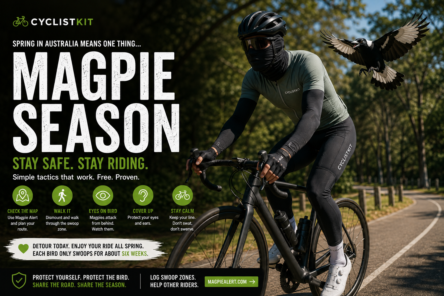 Magpie swooping season cyclist safety guide Australia