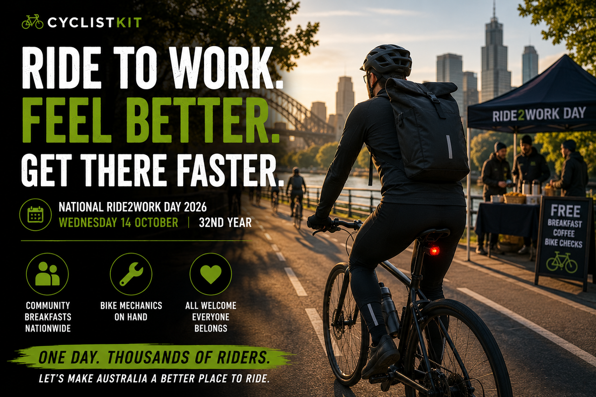 Cyclist commuting to work for National Ride2Work Day Australia