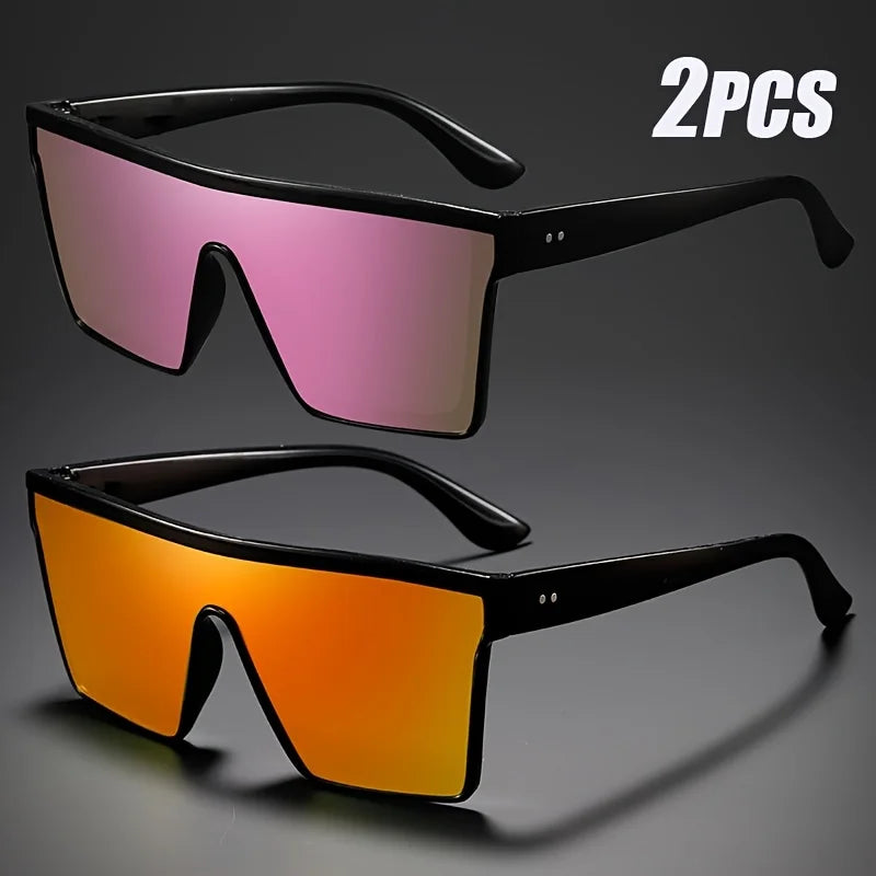 Oversized shield sunglasses worn outdoors