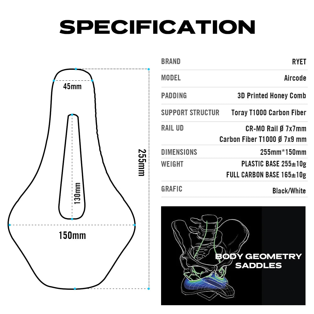 RYET Aircode 3D-Printed Carbon Saddle — 255x150mm