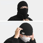 Knitted balaclava beanie pulled down as full face mask