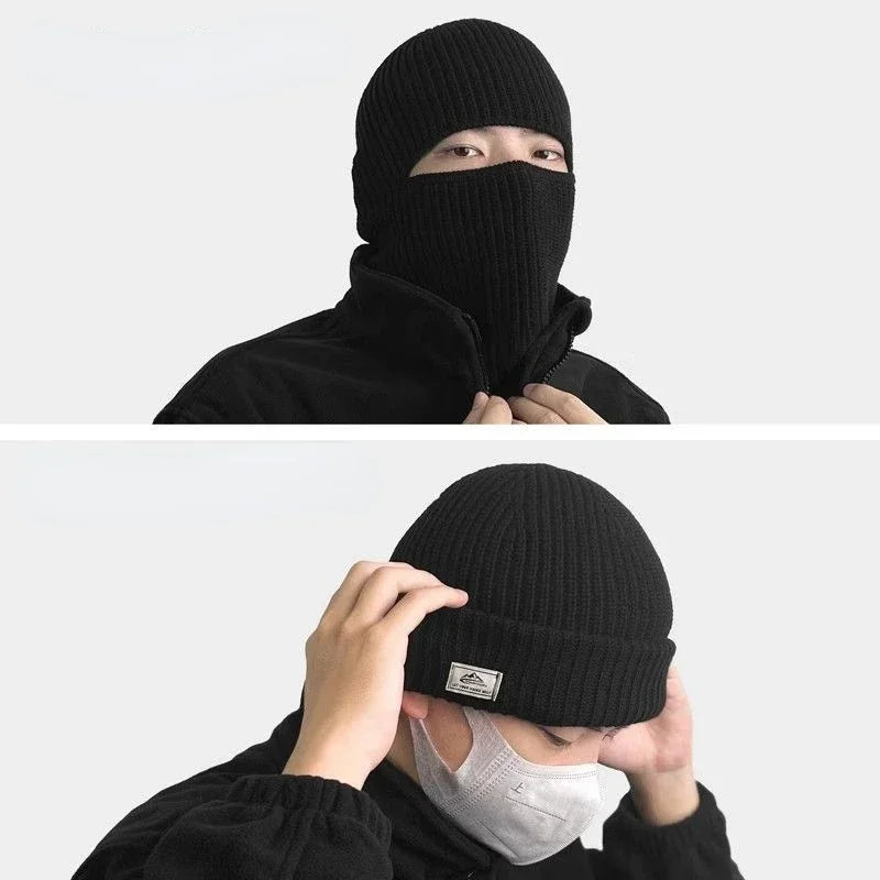 Knitted balaclava beanie pulled down as full face mask