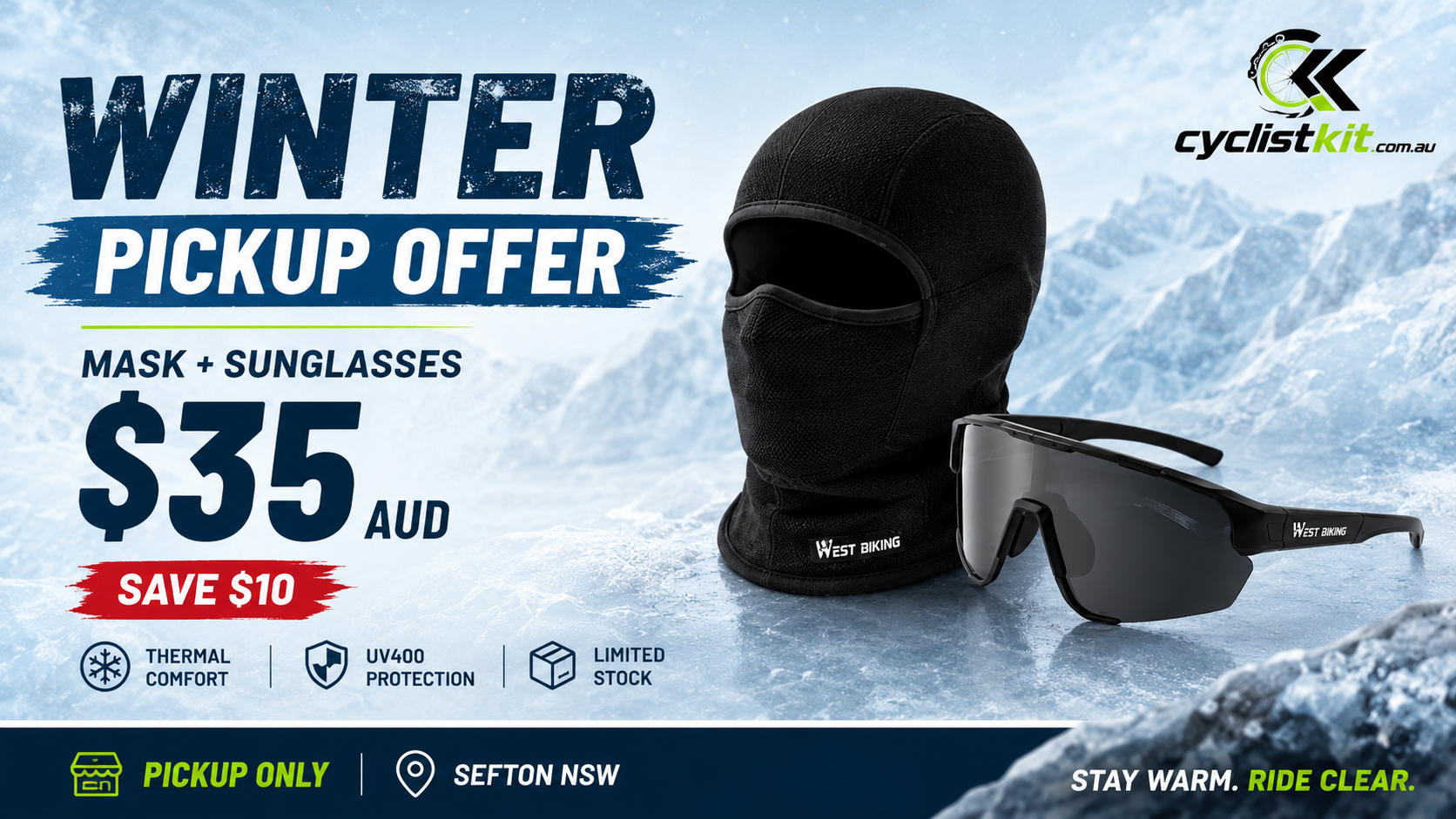 CyclistKit Winter Pickup Offer: thermal mask and cycling sunglasses for $35 AUD, save $10, Sefton pickup
